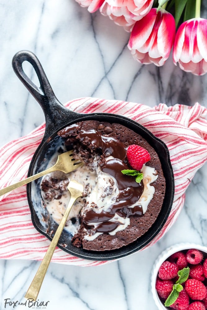 Raspberry Swirl Brownie Sundae for Two. It's the best small batch fudgy brownie for two ever! Small batch brownie for two | Skillet brownie | Brownie Sundae | Brownie Sunday | Valentine's Day Dessert for Two | One bowl brownies for two | Easy Valentine's Dessert | Easy Skillet Brownie Recipe for Two | Small Batch Baking | best fudgy brownie 