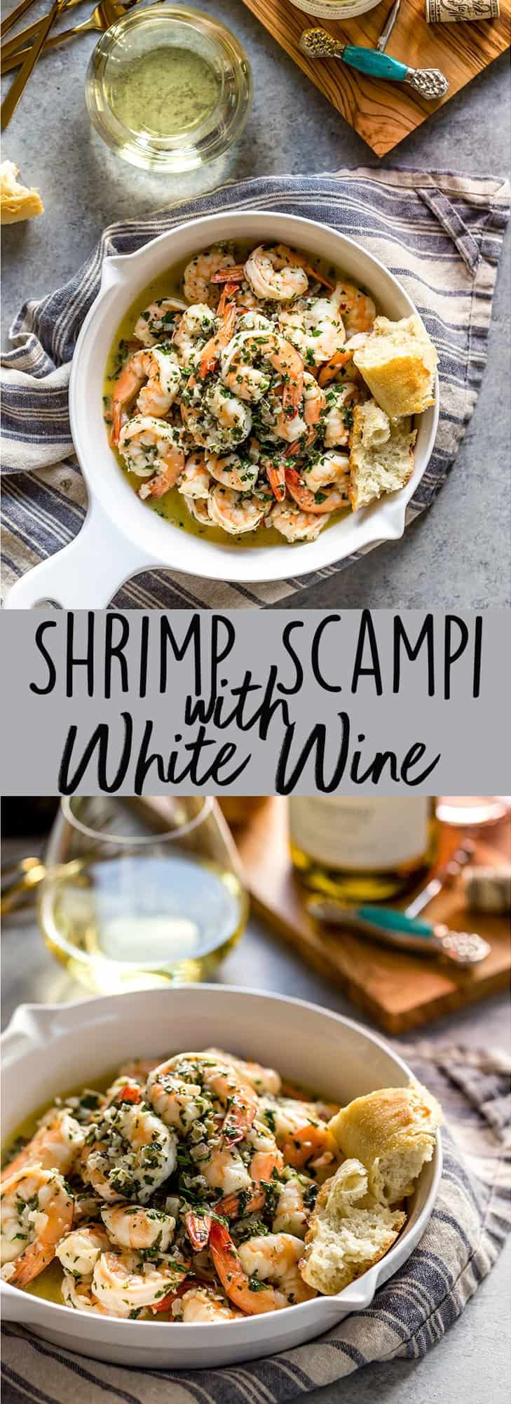 This Shrimp Scampi with White Wine has a garlicky, buttery sauce, balanced by the bright freshness of wine, lemon juice and parsley. It's fantastic mixed with pasta, over rice, or just with crusty bread for dipping in the sauce. | Easy shrimp scampi recipe | Best shrimp scampi @QFCGrocery #WAWineMonth  #sponsored