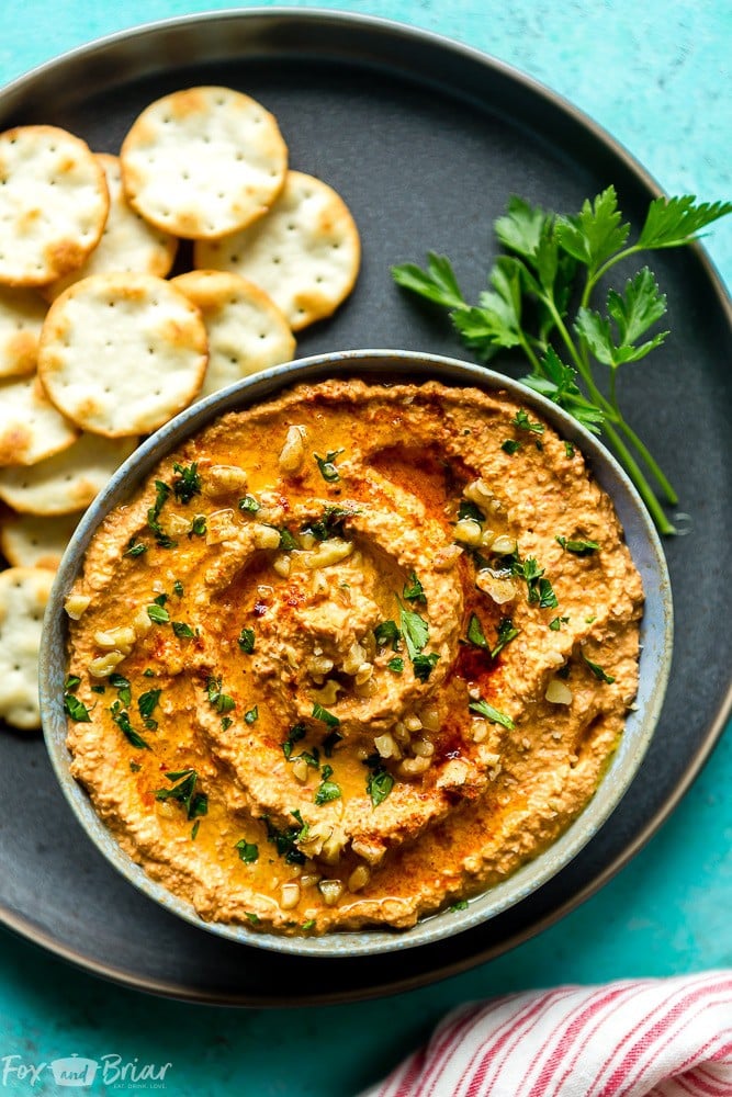 This Muhammara Recipe is loaded with nutrients, proteins and healthy fats. Serve this delicious Red Pepper Walnut Dip at your next party as an alternative to the same old salsa and hummus! | Middle Eastern Recipe | Healthy party food | Healthy Dip | Walnut recipe | Red bell pepper recipe | recipes for pregnancy | Gluten Free | Vegan