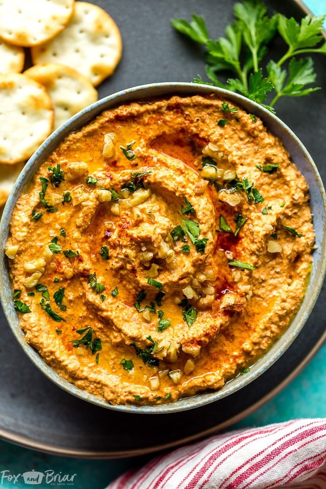 This Muhammara Recipe is loaded with nutrients, proteins and healthy fats. Serve this delicious Red Pepper Walnut Dip at your next party as an alternative to the same old salsa and hummus! | Middle Eastern Recipe | Healthy party food | Healthy Dip | Walnut recipe | Red bell pepper recipe | recipes for pregnancy | Gluten Free | Vegan