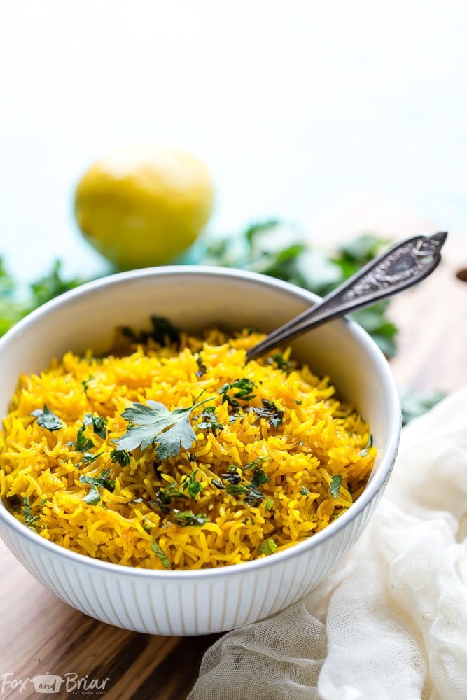 This vibrant Turmeric Rice Recipe is a fast and easy side dish perfect for brightening up your weeknight dinner. Easy Turmeric Rice Recipe | Simple Turmeric Rice | Middle Eastern Recipes | Indian Recipes | Mediterranean Recipes | Side Dishes | Basmati Rice | Jasmine Rice | Rice Dish