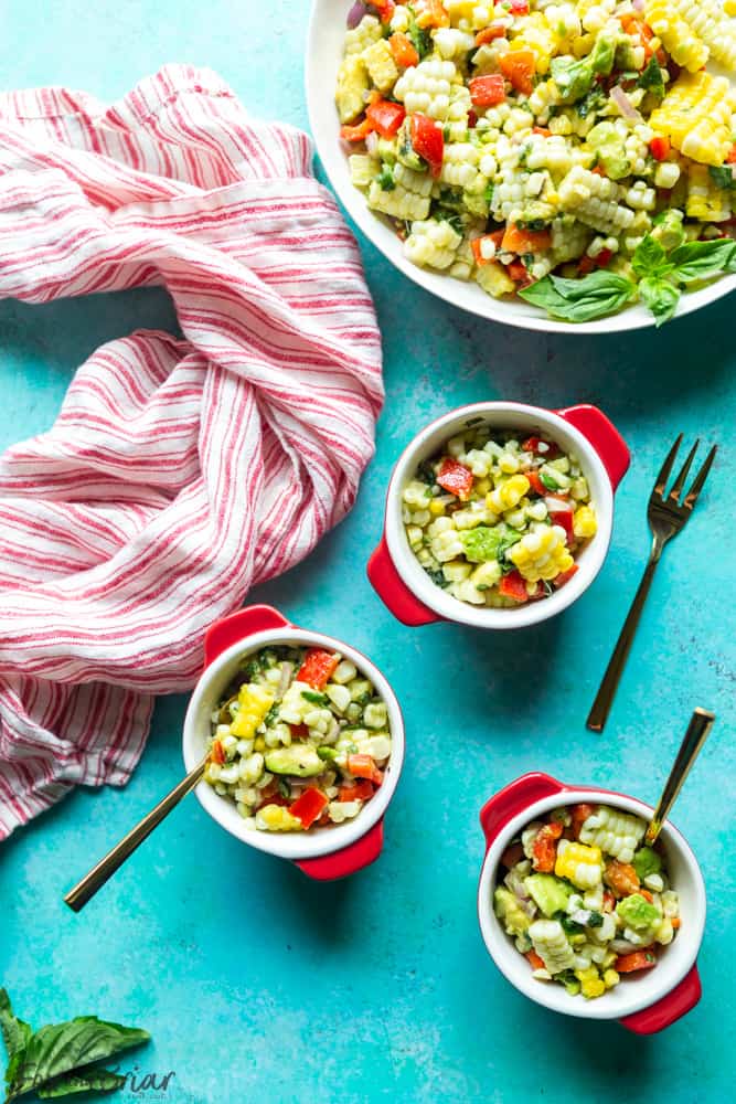 This Fresh Summer Corn Salad is the best side dish to bring to a BBQ, cookout or picnic!  It uses fresh summer produce and can be made ahead of time. | Easy Corn Salad Recipe | BBQ Side Dish | Potluck | cookout | labor day | Fourth of July | Memorial day | Barbque side | Cold food | Make ahead | food to bring to a party