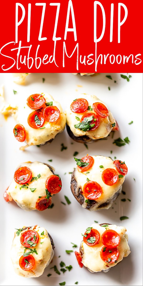 These Pizza Dip Stuffed Mushrooms are bite sized appetizers, perfect for game day.  These low carb, easy stuffed mushrooms have big pizza flavor. Easy stuffed mushrooms | Low Carb Stuffed Mushrooms | Keto Stuffed Mushrooms | Football Party Food | Tailgaiting food | Stuffed mushroom appetizers | Gluten free stuffed mushrooms | for kids | for families | superbowl party food | Thanksgiving appetizer | Christmas appetizer