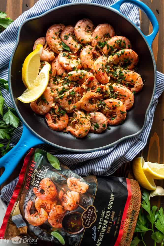 These Easy Garlic Butter Shrimp are the most delicious shrimp you will ever make! Using Argentinian Red Shrimp, garlic, butter and lemon, this simple recipe is packed full of flavor! | Shrimp recipe | Easy shrimp recipe | Garlic shrimp | Shrimp for dinner | Simple Shrimp recipe | Low carb Shrimp recipe | Sauteed shrimp | Quick Shrimp recipe | Lemon garlic shrimp | Skillet shrimp