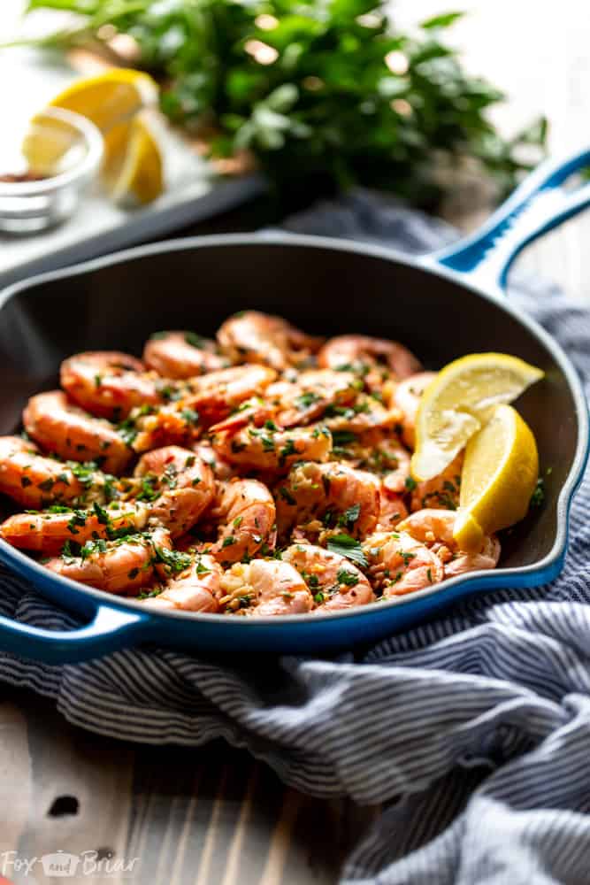 These Easy Garlic Butter Shrimp are the most delicious shrimp you will ever make! Using Argentinian Red Shrimp, garlic, butter and lemon, this simple recipe is packed full of flavor! | Shrimp recipe | Easy shrimp recipe | Garlic shrimp | Shrimp for dinner | Simple Shrimp recipe | Low carb Shrimp recipe | Sauteed shrimp | Quick Shrimp recipe | Lemon garlic shrimp | Skillet shrimp