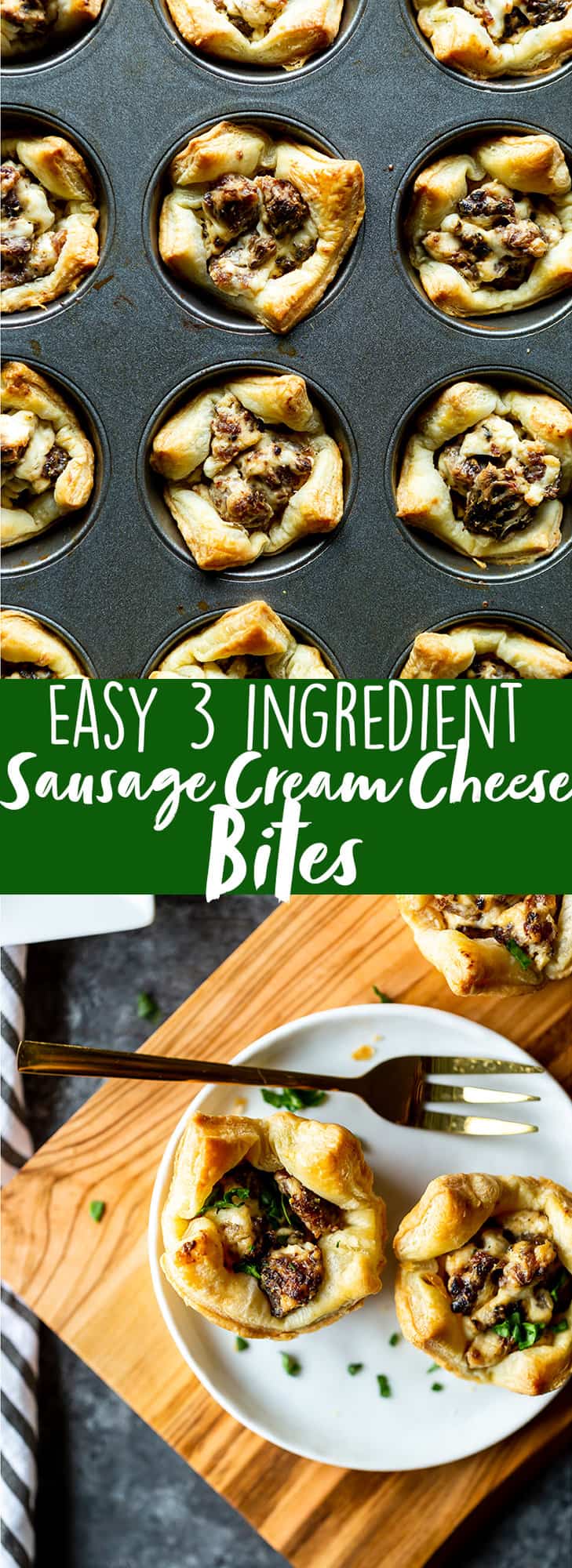 Easy Sausage Cream Cheese Bites - These Three ingredient, Easy Appetizers take under half an hour to make and are a crowd favorite!  The perfect party appetizer for New Year's Eve, Christmas, Thanksgiving or any other party. | Game Day | football food | superbowl | Sausage appetizer | Sausage cream cheese crescents 
