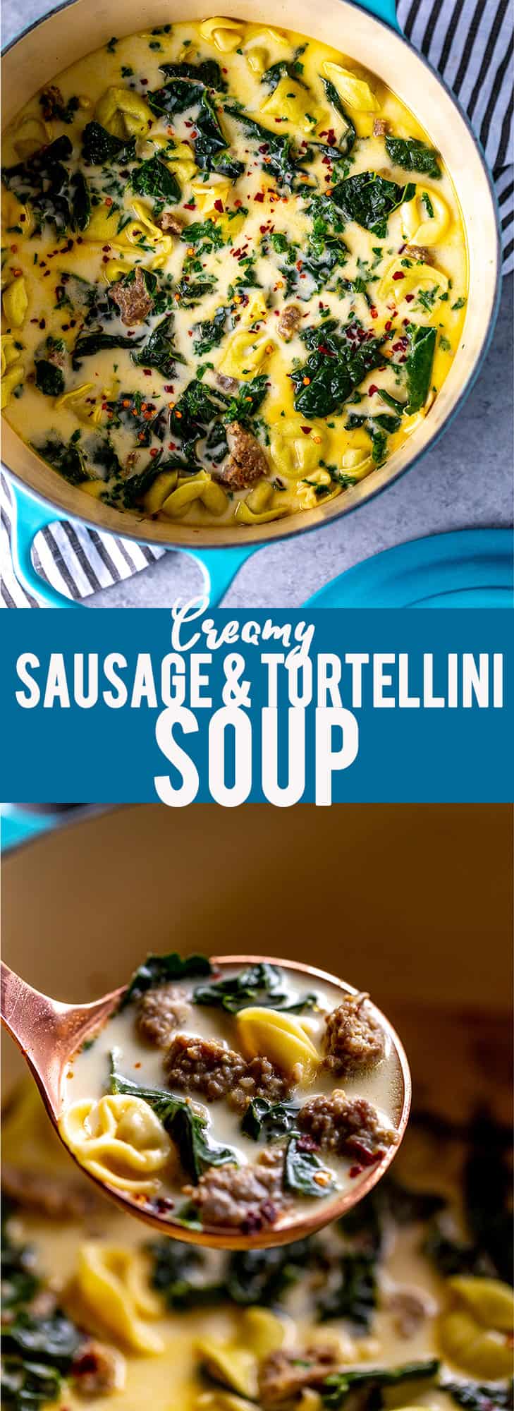 This Creamy Sausage and Tortellini Soup only has five ingredients and is ready in 30 minutes! Make this easy and delicious soup for dinner tonight! | Sausage and Kale Soup | Zuppa Toscana | Creamy sausage soup | Sausage and tortellini soup | with kale