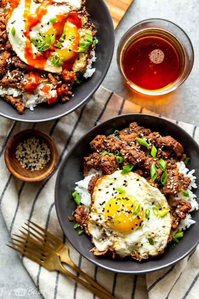 Korean Ground Beef Bowls in a black bowl.