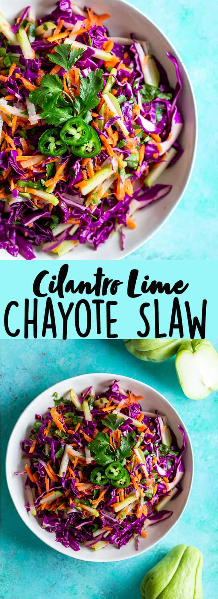 Chayote Recipe - Cilantro Lime Chayote Slaw is crunchy and vibrant.  Using chayote squash, cabbage, carrots and jalapeno this slaw is perfect for tacos. It also makes a great light and healthy side dish for any dinner! Healthy recipe | Taco Slaw | Cabbage recipe | Low fat | Low Carb | Low Calorie | health benefits of chayote | What is chayote | How to cook chayote | Chayote recipes | Mexican Recipes | What to serve with tacos 