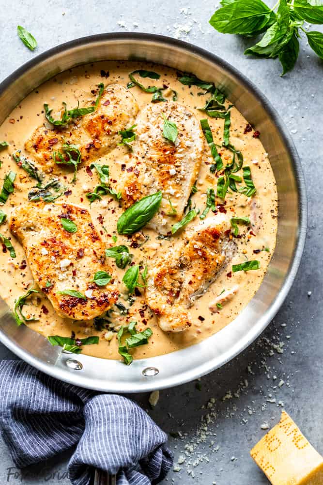 Creamy Basil Chicken in a frying pan