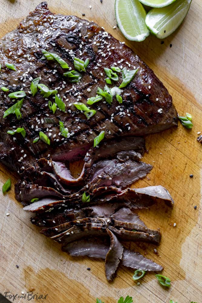 Close up of flank steak cut against the grain