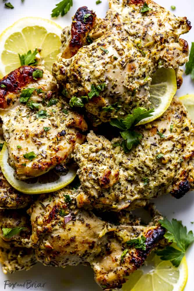 Baked Greek skinless boneless chicken thighs with lemon and herbs
