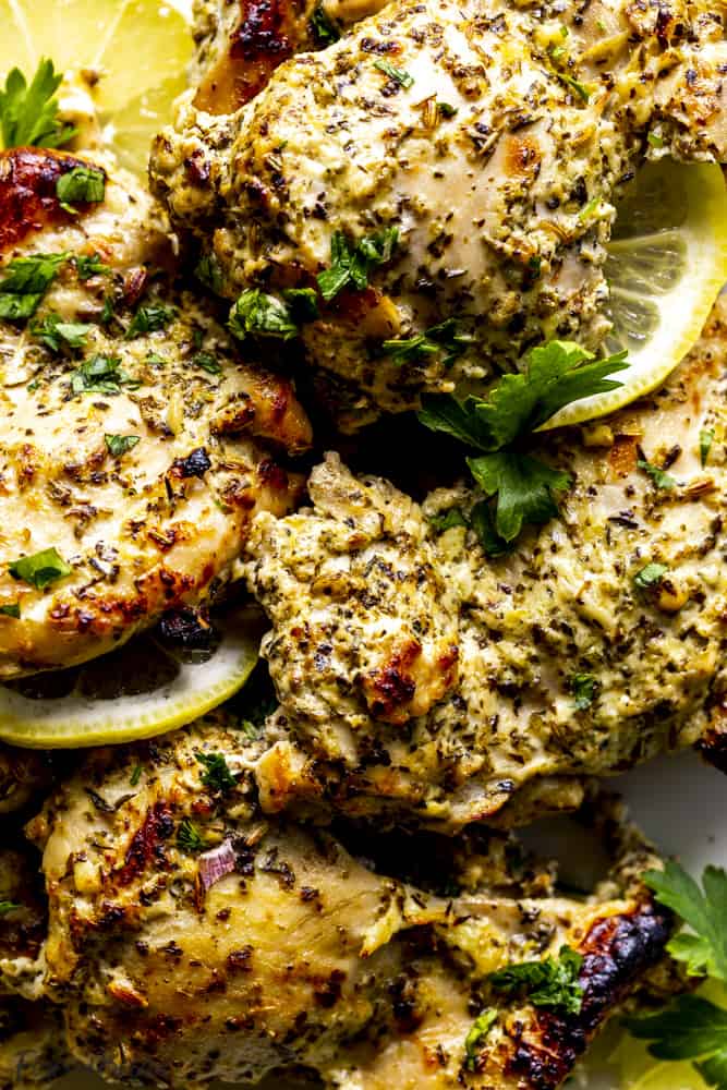 Closeup baked Greek chicken thighs