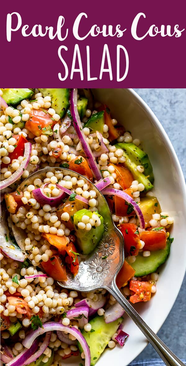 This Israeli Couscous Salad is a light and fresh side dish for summer!  Mediterranean Couscous | Pearl Couscous | Easy Couscous salad recipe | Vegan couscous salad | Middle eastern couscous salad | giant couscous | Cold couscous salad recipe | Potluck recipe | cookout side recipe | BBQ side dish | Picnic side dish recipe | cold pasta salad | Healthy couscous salad recipe