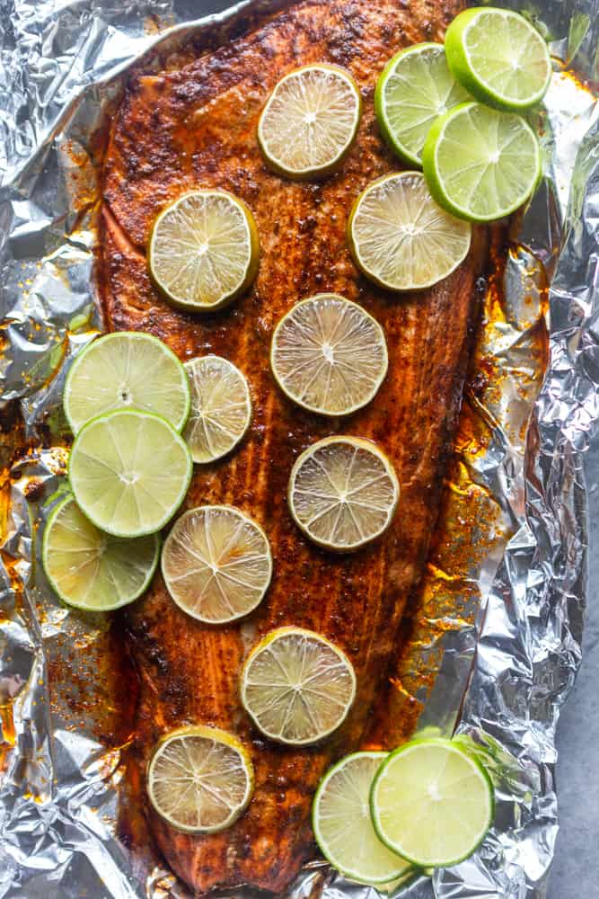 This Chili Lime Baked Salmon is so simple, fast and full of flavor!  A quick chili lime sauce is brushed on the salmon before it is roasted for about 15 minutes.  Try this easy Oven Baked Salmon for dinner tonight! |Easy salmon Recipe | keto low carb | healthy dinner idea | quick salmon recipe | fish recipes | seafood recipes 