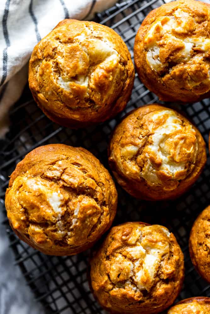 pumpkin swirl muffins from above on a wire rack