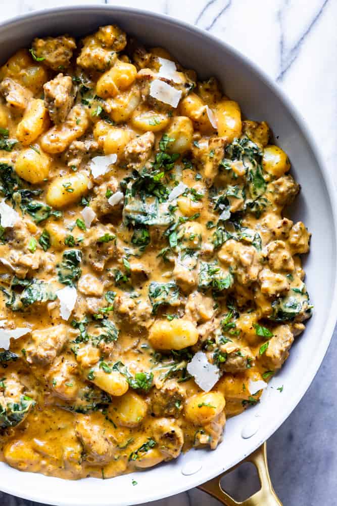 Skillet with creamy pumpkin Sausage gnocchi