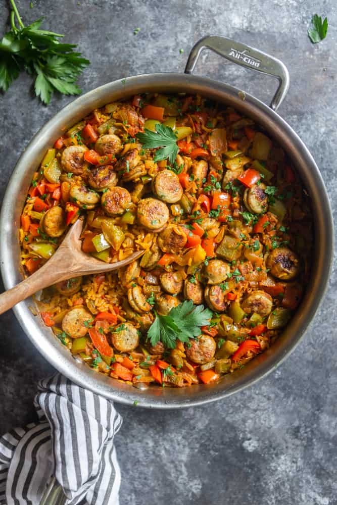 Skillet with sausage, peppers and onions