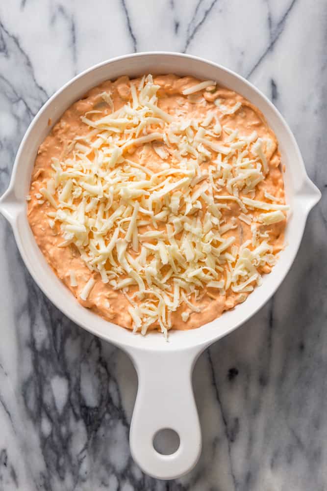 Buffalo Chicken Dip before being baked in oven