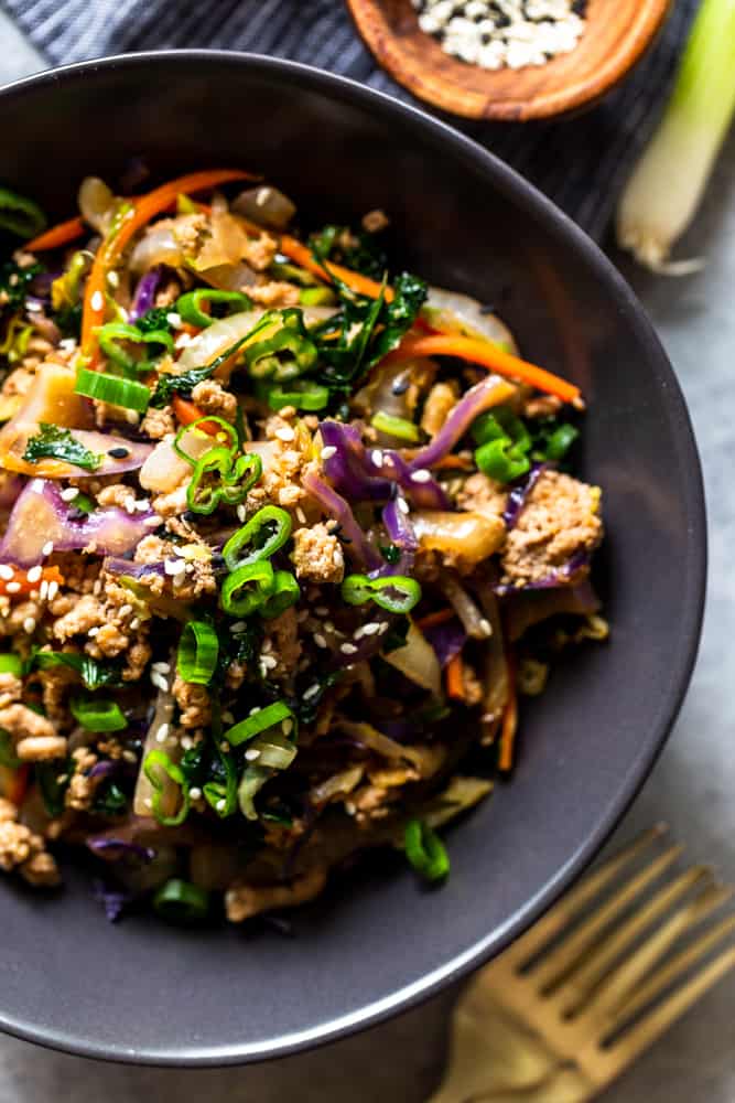 egg roll in a bowl recipe closeup in black bowl