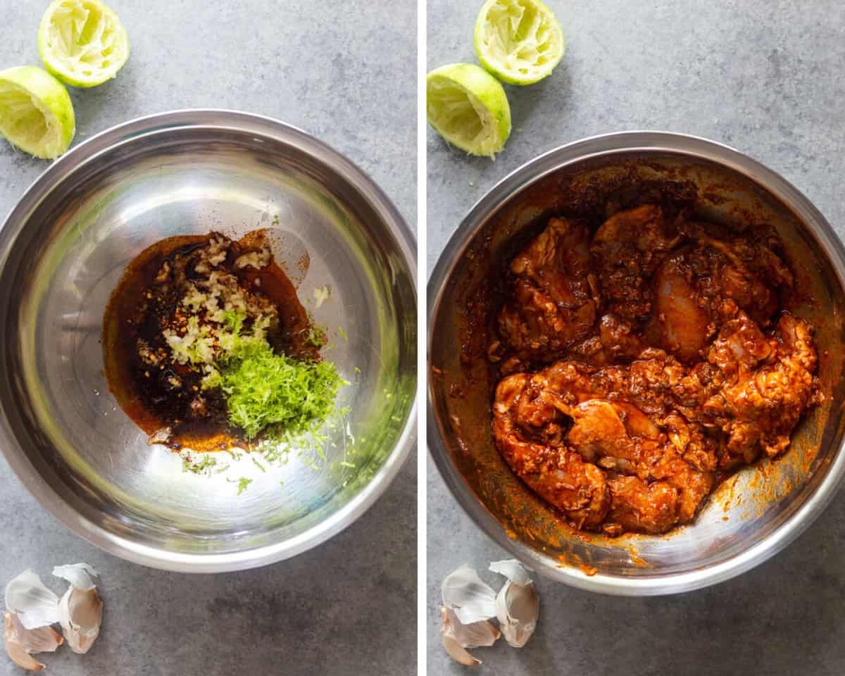 chilik lime chicken taco marinade before and after the chicken is added