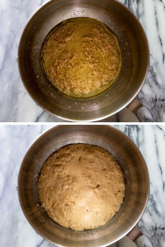 Photo of yeast mixed with water, oil and sugar. Second photo showing the same mixture five minutes later. It is foamy. 