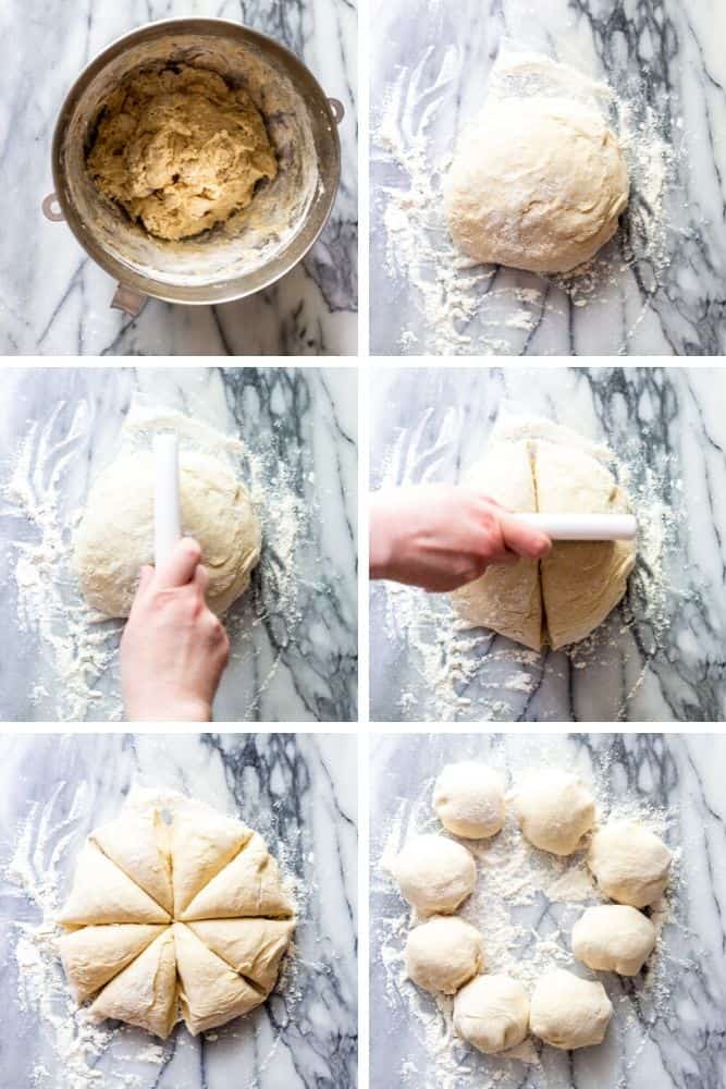 Step by step photos for making hamburger buns 1. Dough in a bowl 2. Dough shaped into a ball 3. cutting the dough in half 4. cutting the dough in fourths 5. the dough cut into 8 pieces 6. Each pieces rolled into a ball.