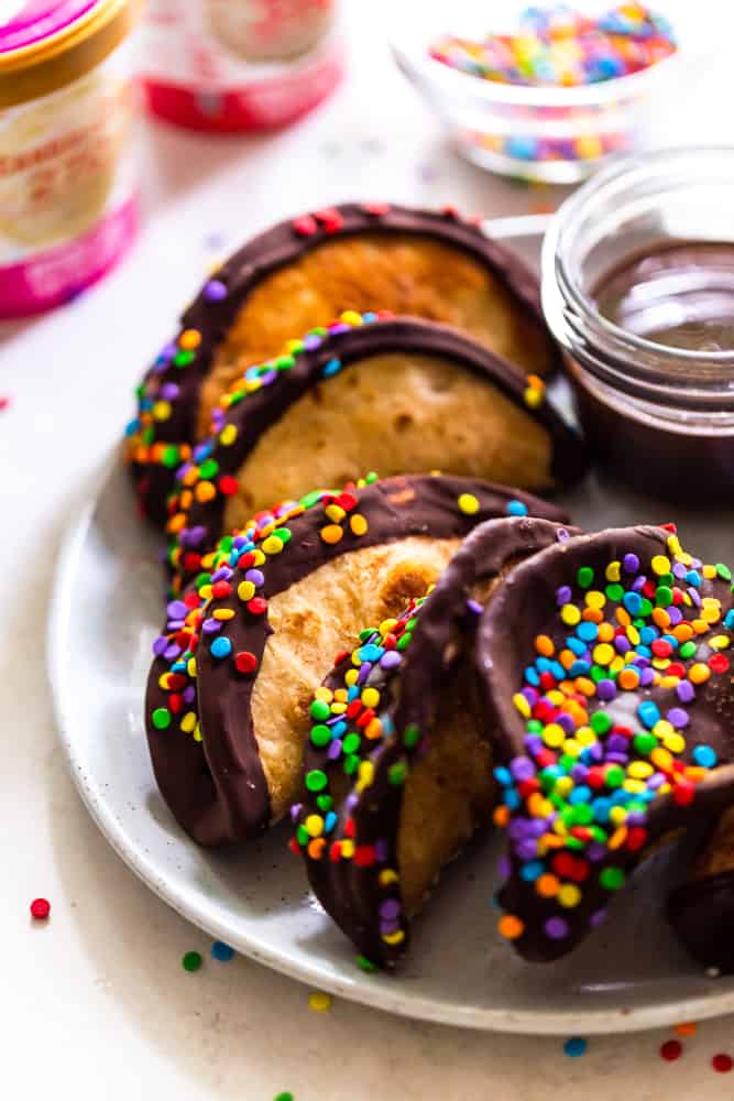 Ice cream tacos with chocolate coating and sprinkles