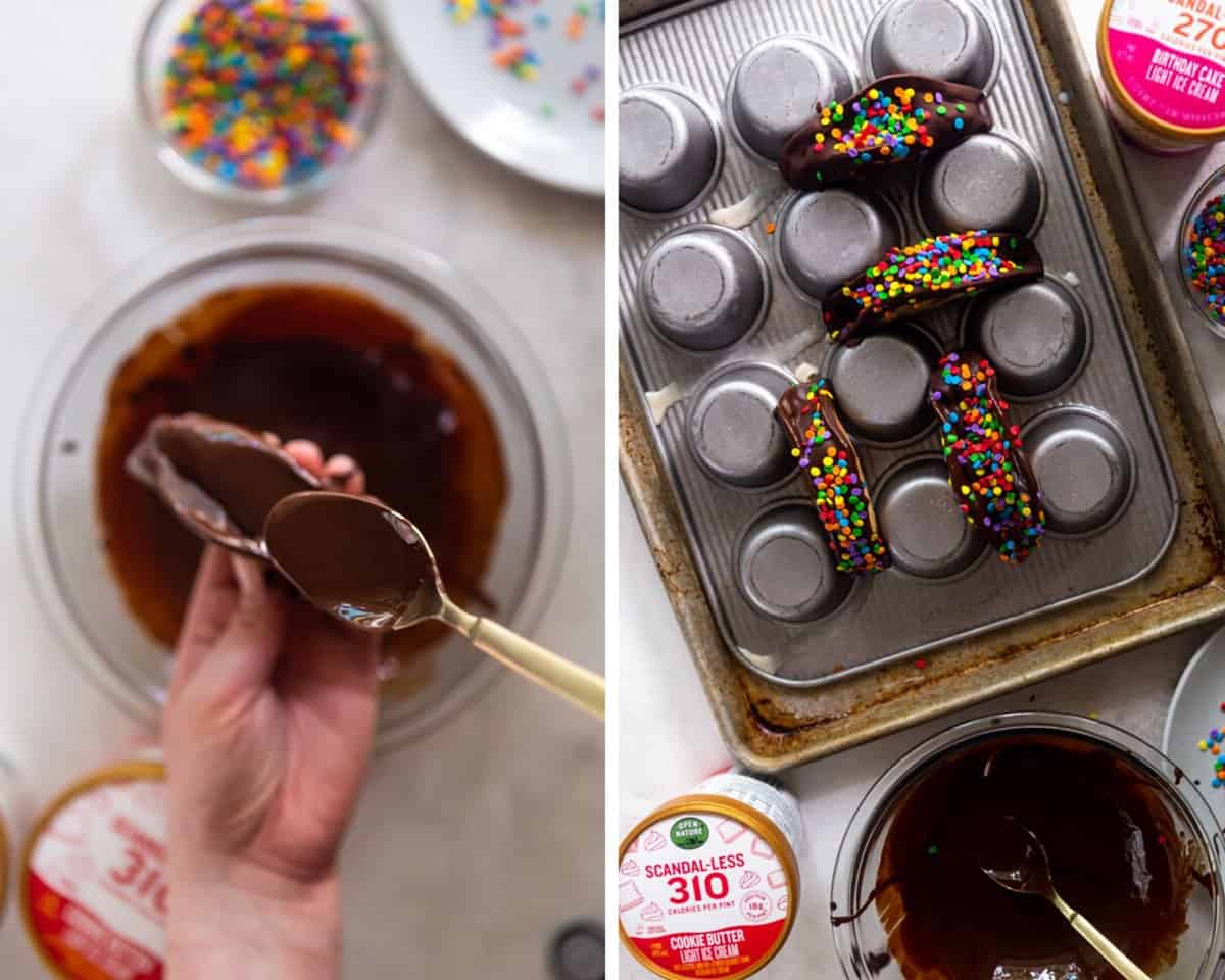 Collage image of spoon drizzling chocolate onto ice cream taco, finished tacos in a muffin tin