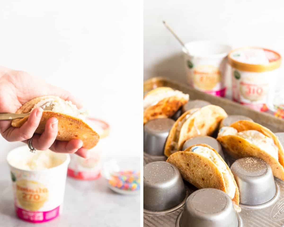 Collage image of filling tortilla with ice cream and ice cream tacos sitting in an upside down muffin tin. 