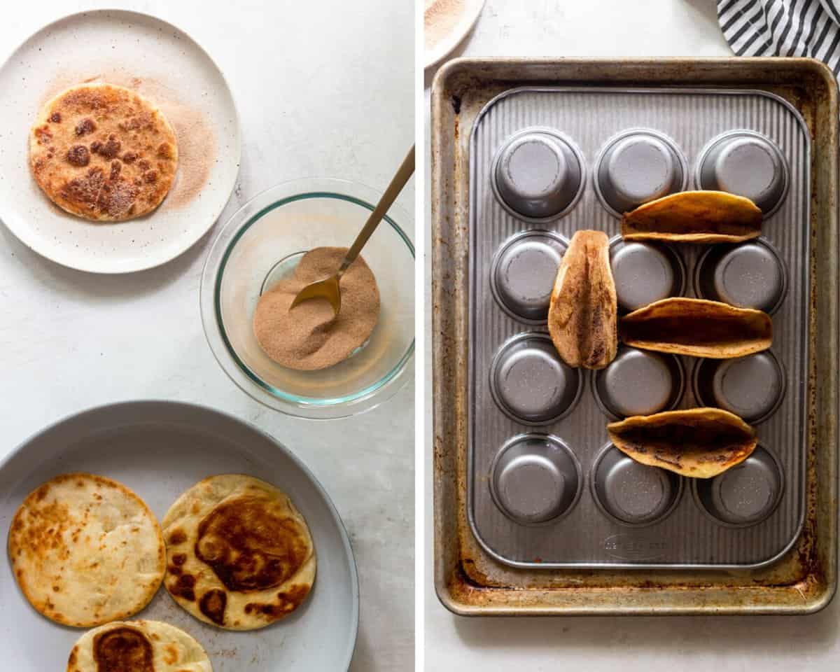 Collage image of tortillas being fried and coated in cinnamon sugar, and being shaped in muffin tin.