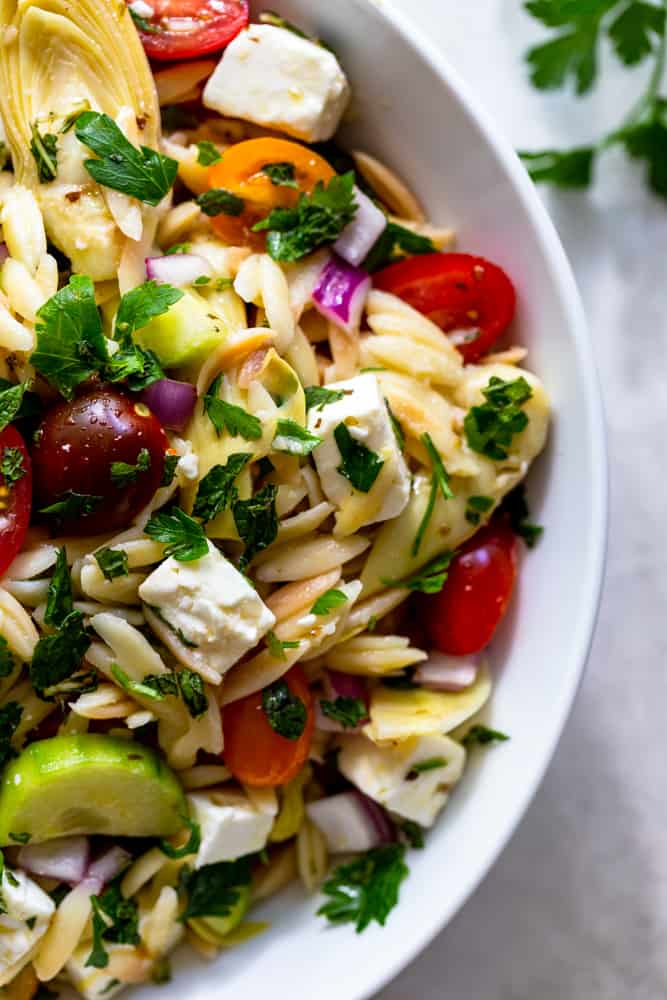 Closeup of Orzo Pasta Salad with feta and tomatoes