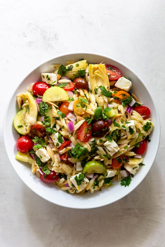 Mediterranean Pasta Salad in a white bowl