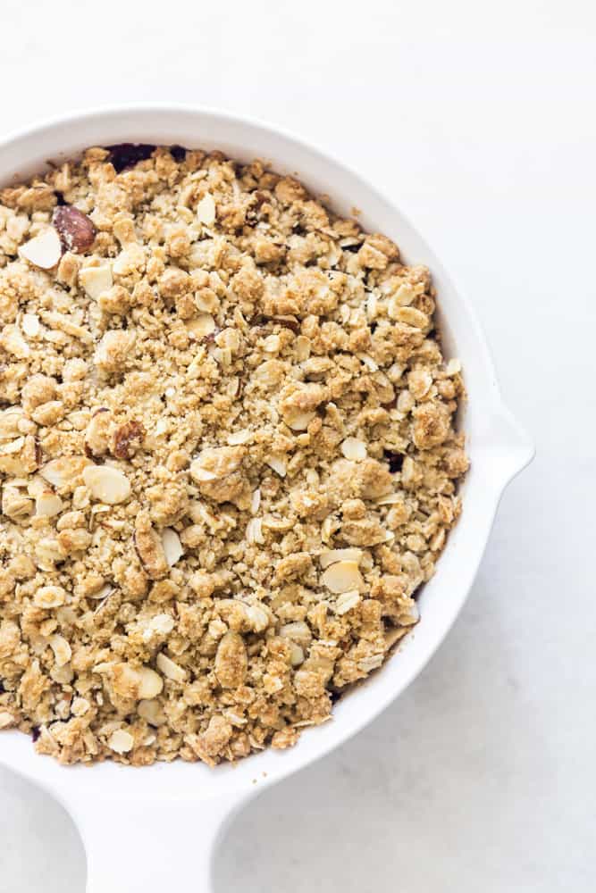 closeup of baked cherry crisp