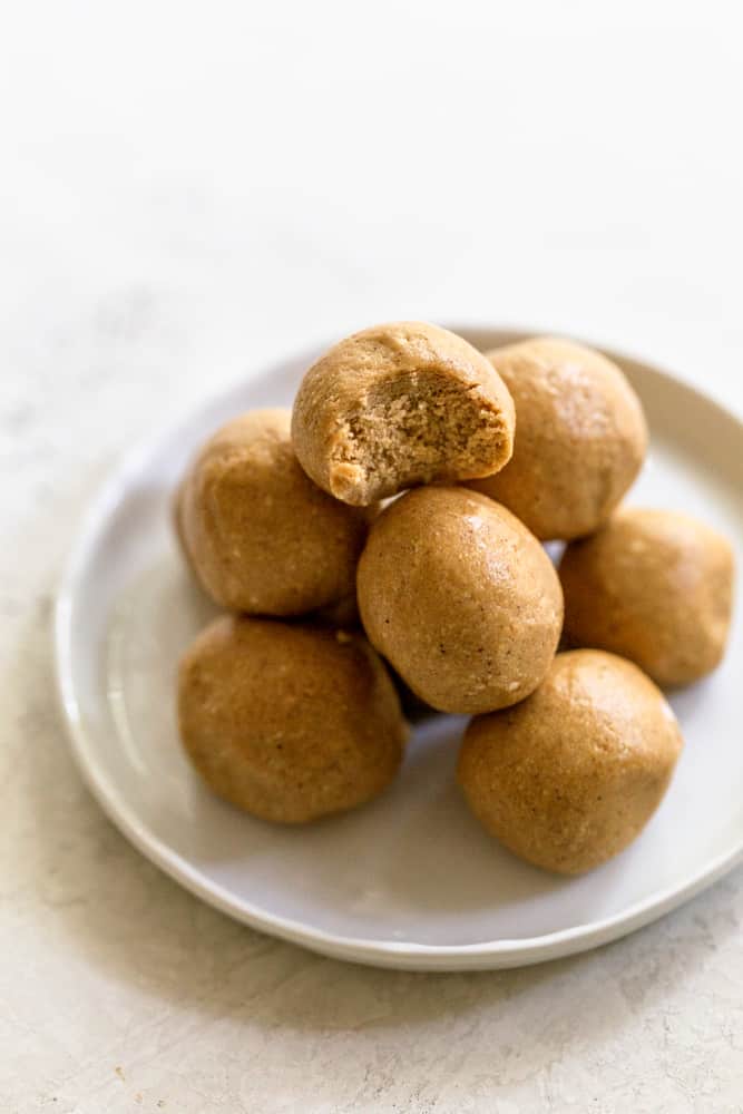 Peanut butter protein balls on a white plate