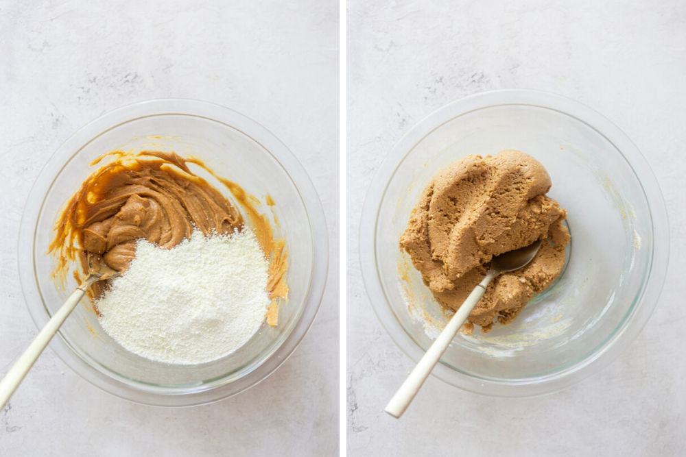 Peanut butter energy balls before and after mixing