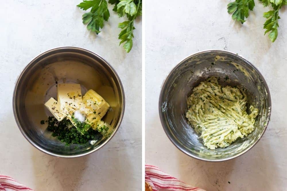 Side by side photos of ingredients for garlic butter before and after mixing.