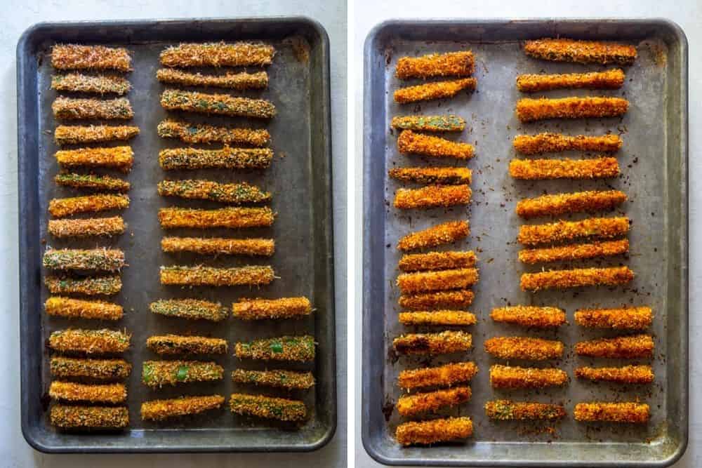 zucchini fries on a baking sheet before and after baking