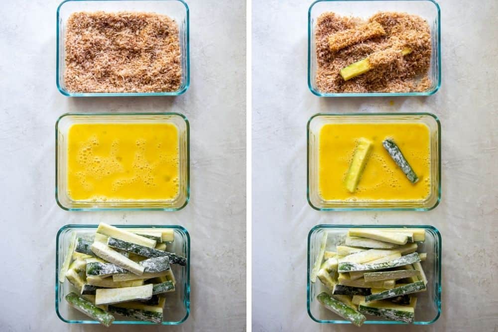 Breading station for zucchini - zucchini dredged in flour, egg and panko breadcrumbs