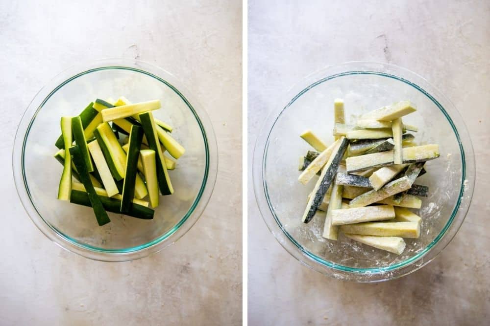 zucchini sticks in a bowl, before and after being tossed in flour