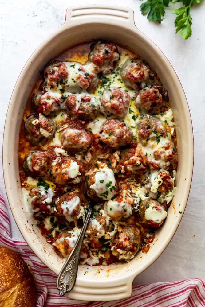 Cheesy meatball casserole in a dish 