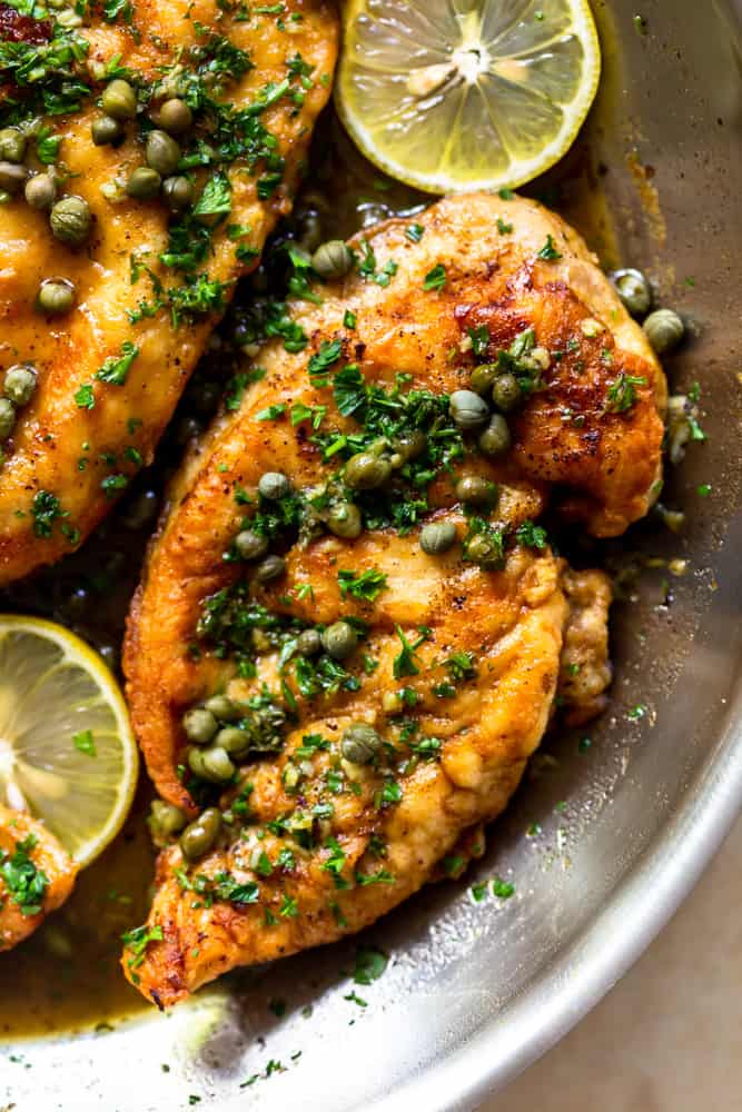 chicken piccata with capers in a pan