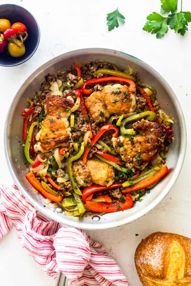 Chicken scarpariello in a frying pan
