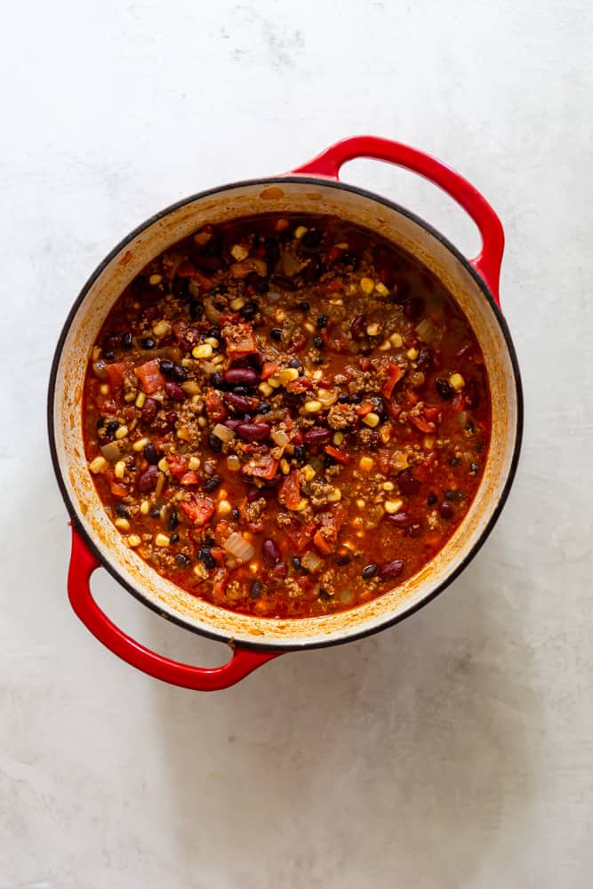 Taco soup in a red dutch oven