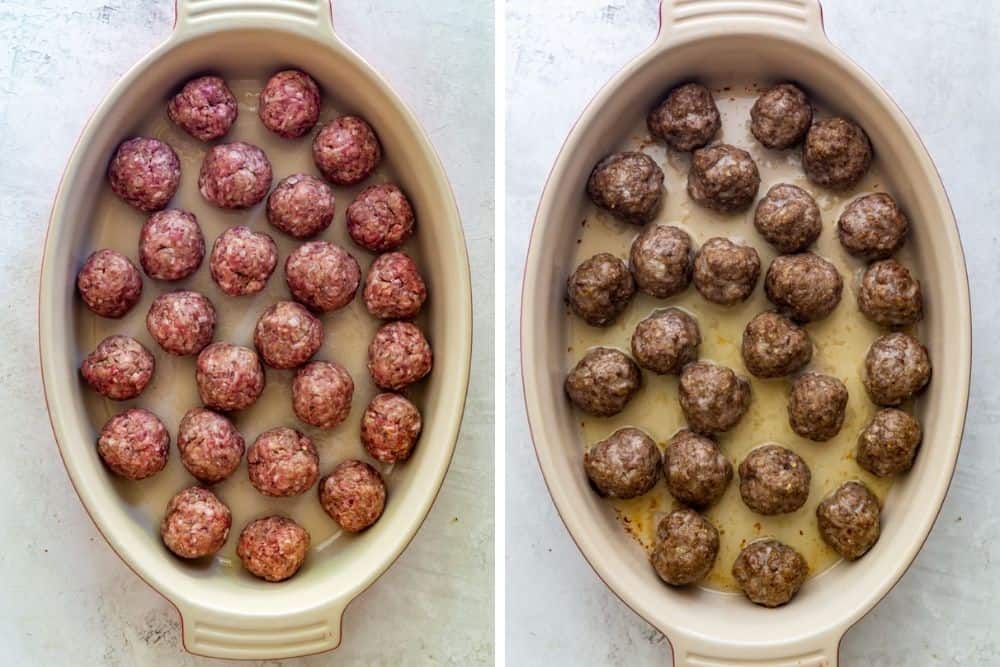 2 photos side by side of uncooked meatballs, second photo shows cooked meatballs after baking