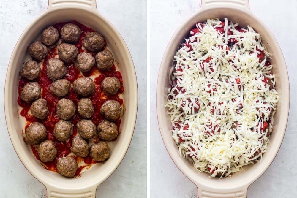 Side by side photos of meatballs in a dish over sauce, second photo shoes meatballs with cheese on top