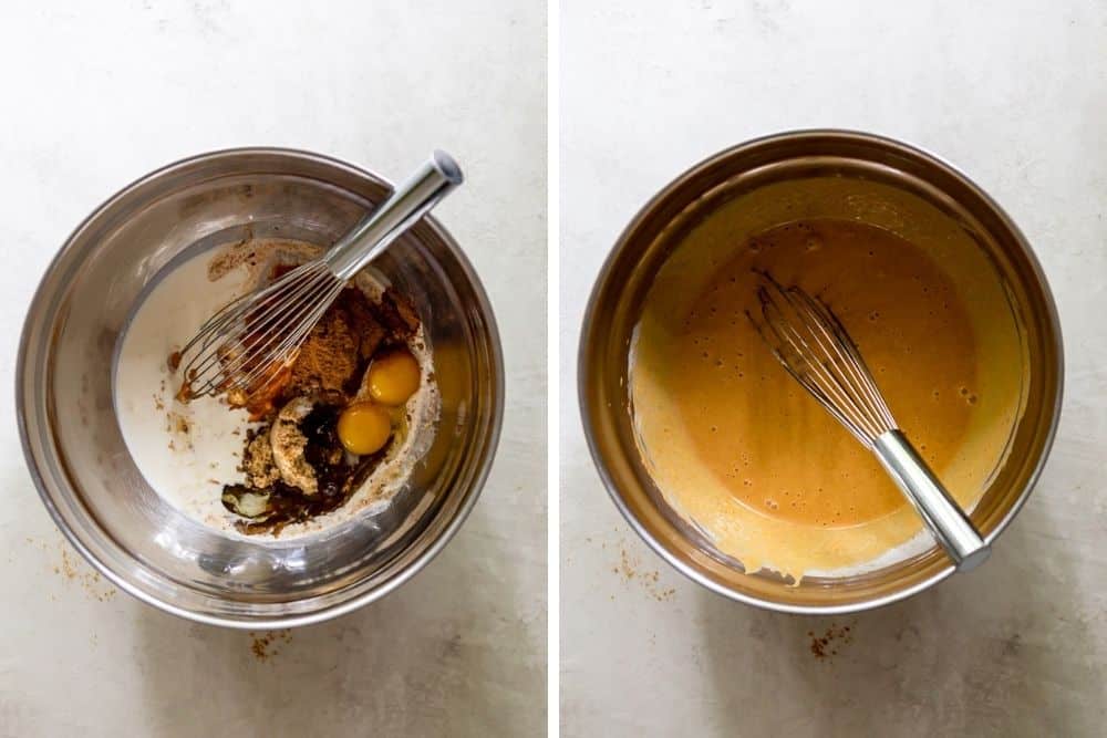 ingredients for pumpkin bars before and after mixing