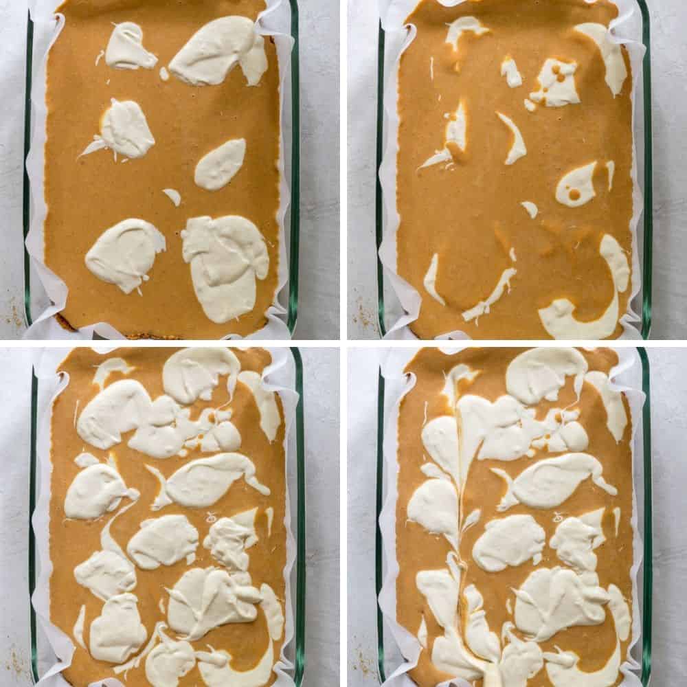 photo showing process of adding cream cheese dollops to pumpkin batter