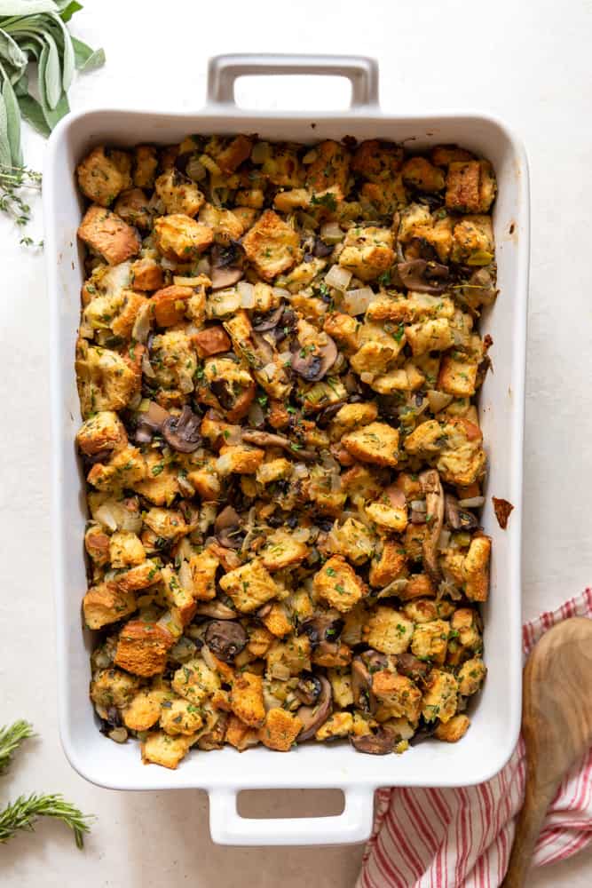 Mushroom stuffing in a rectangular white baking dish