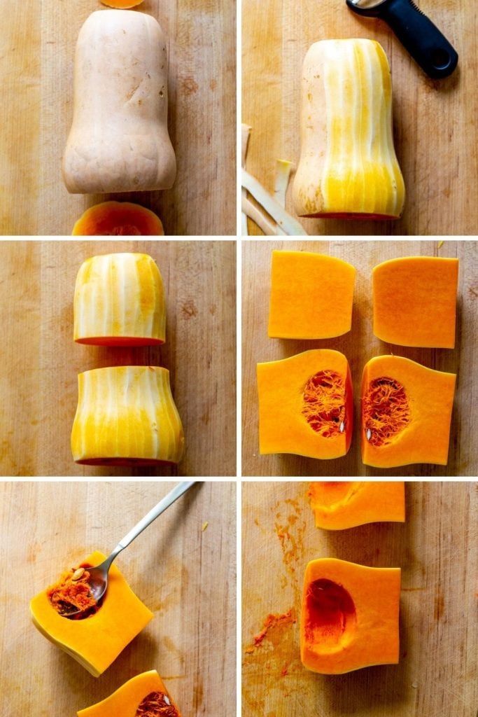 Step by step photos showing butternut squash being peeled and cut. First ends cut off, then peeled, cut in half crosswise and then lengthwise. Seeds are then scooped out.